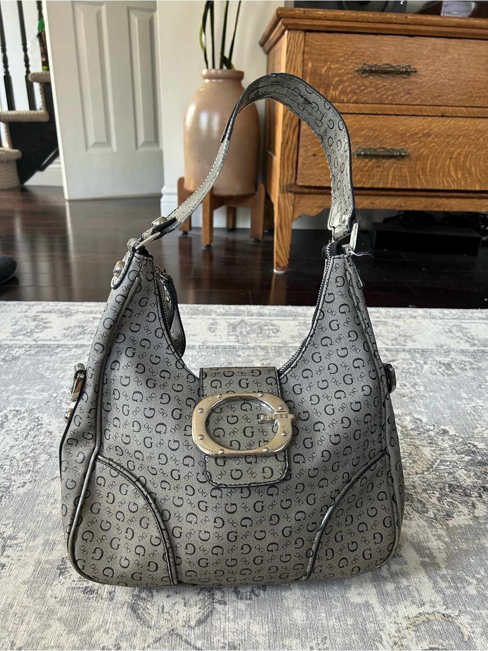 Vintage Y2K Guess Gray & Black Monogram Hobo Bag with Buckle